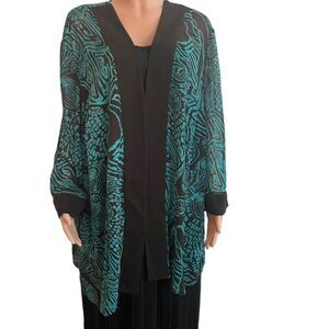 Dana Kay size 26 semi sheer‎ cover up, black teal, gold, artsy. Thick edging